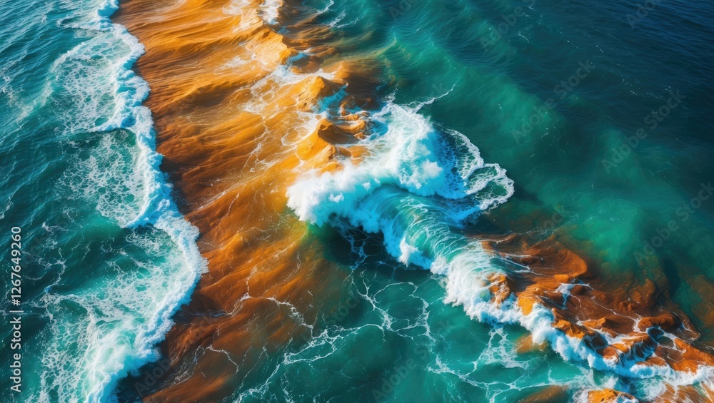 Aufkleber vibrant sea waves with colorful patterns breaking on shoreline aerial view background for text place