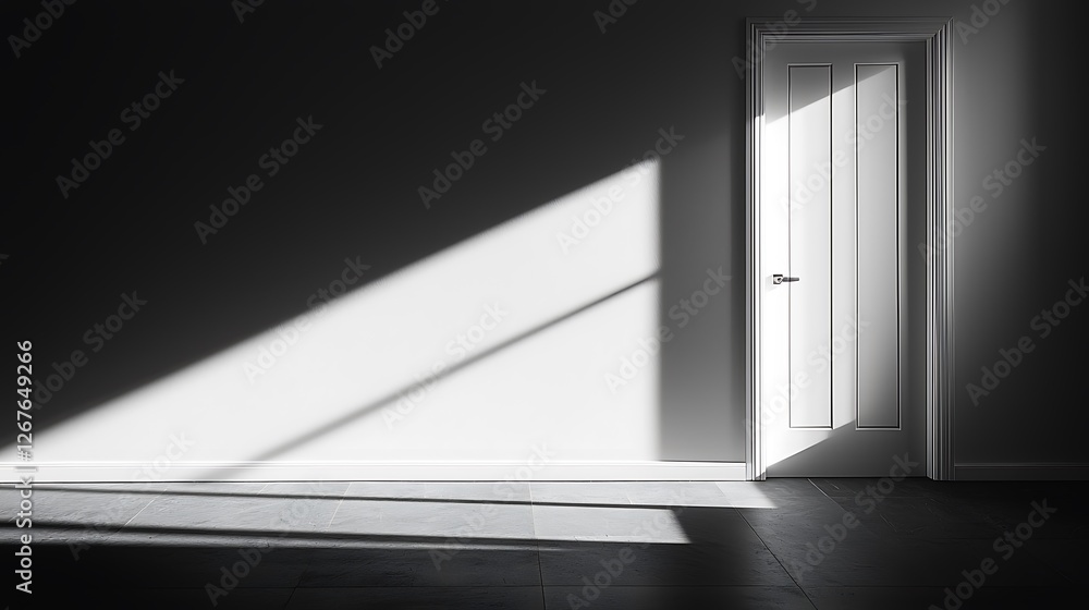 Aufkleber Sunlight streams through open door in empty room, casting shadows; interior design