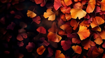 Autumn leaves ginkgo vibrant background. A collection of vibrant autumn leaves in shades of orange and red, creating a rich tapestry against a dark background.