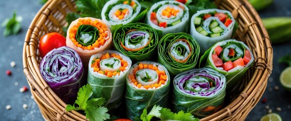 Fresh and Colorful Vegetable Roll Wraps Displayed in a Wicker Basket Surrounded by Fresh Ingredients and Herbs