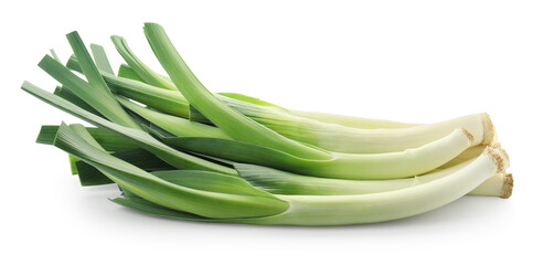 Fresh leeks isolated on white. Spicy vegetable