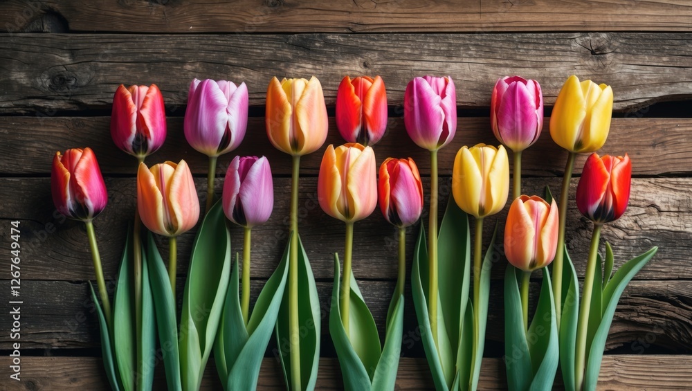 Poster vibrant row of colorful tulips on rustic wooden background with empty space for spring greeting card
