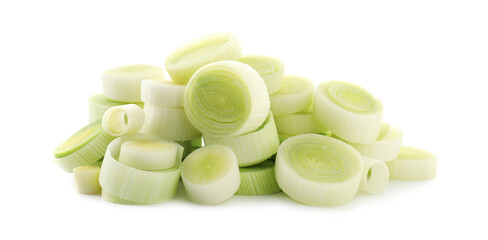Pieces of fresh leeks isolated on white