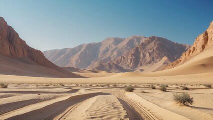 Fototapeta premium Scenic Arabic Desert Landscape with Sand Tracks and Majestic Mountains Under Clear Blue Sky Ideal for Copy Space Horizontal Orientation
