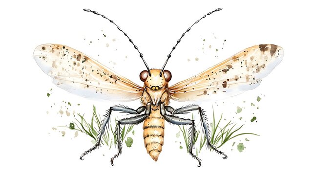 A chibi dobsonfly with long mandibles, looking intimidating, isolated on a white background