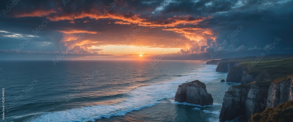 Poster dramatic coastal sunset with vibrant clouds over ocean waves and cliffs providing ample space for te