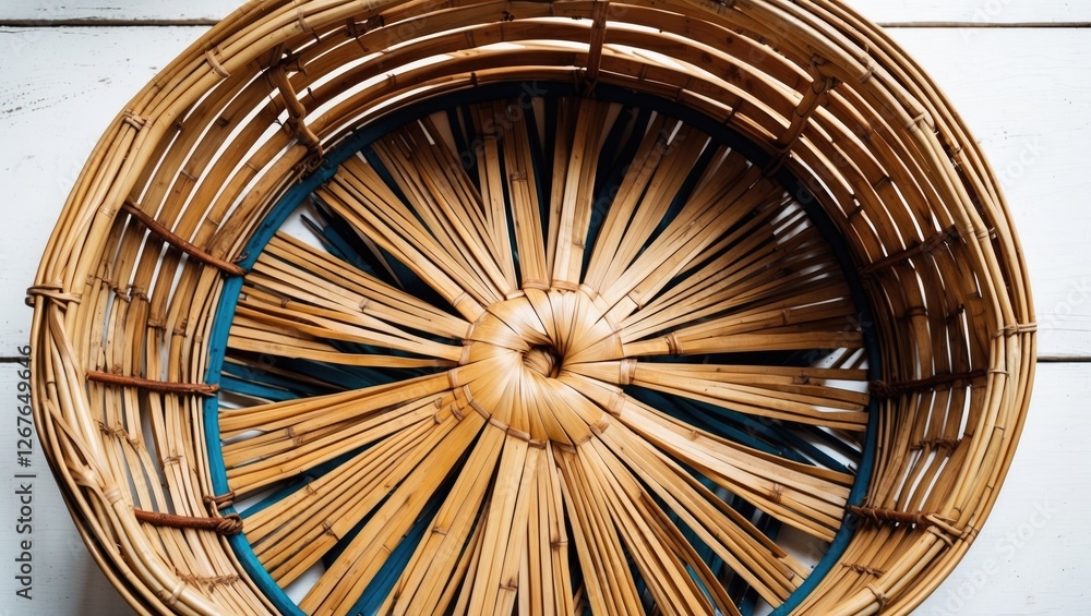 Poster handcrafted empty bamboo basket with intricate weaving patterns on a white background suitable for d