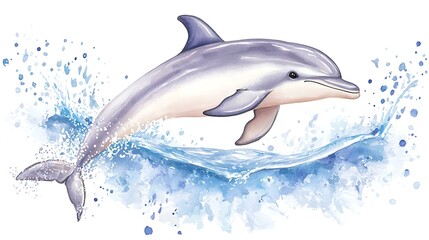 A chibi dolphin jumping out of the water, surrounded by watercolor splashes of blue and white, isolated on a vibrant background