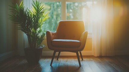 Fototapeta premium Sunlit armchair, plant, window, home interior, calm