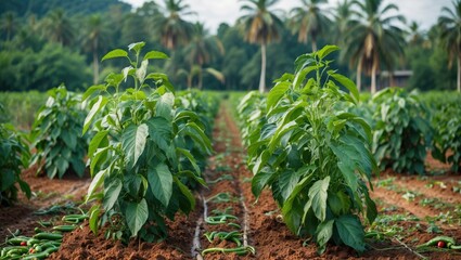 Lush Green Chili Plant Rows in Agricultural Field Under Tropical Sunlight with Copy Space for Text