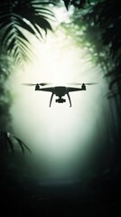 Naklejka premium Drone flying misty jungle canopy