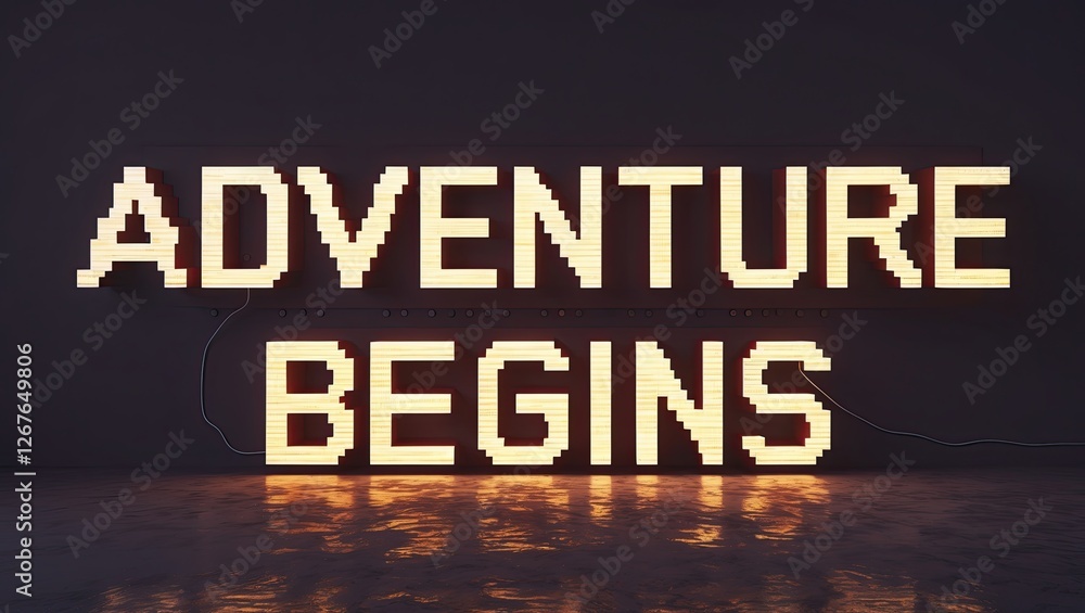 Poster illuminated sign displaying 'adventure begins' in a dark and reflective environment, creating a sens