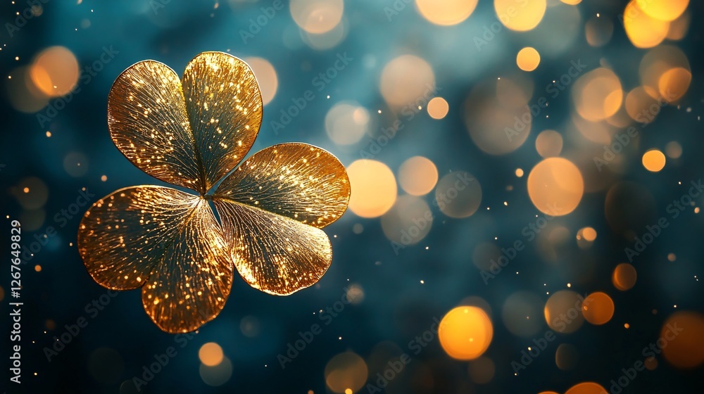 Poster a shimmering golden four-leaf clover floats against a blurred background of sparkling bokeh, symboli