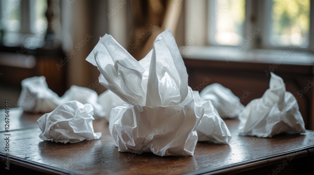 Poster crumpled white tissues scattered on a wooden sideboard table creating a cluttered and disorganized a