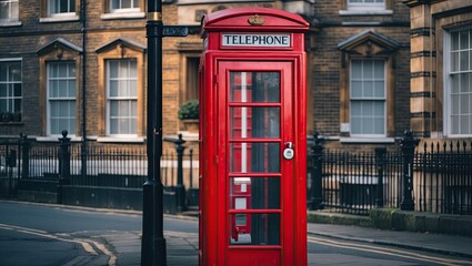 Iconic red telephone booth standing on a quiet street surrounded by classic architecture in a major city, creating a timeless urban scene