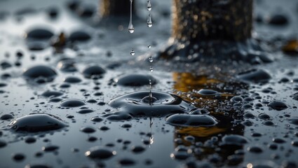 Water droplets on an oil-contaminated surface highlighting environmental pollution and the need for ecological protection efforts.