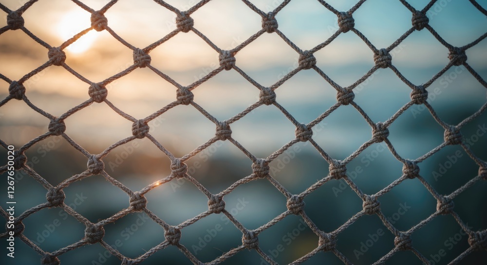 Poster abstract close-up of a rope netting with defocused background showcasing a soft sunrise glow for art
