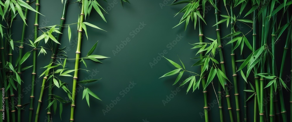 Poster dark green bamboo leaves creating a serene background with ample space for text and design, symboliz