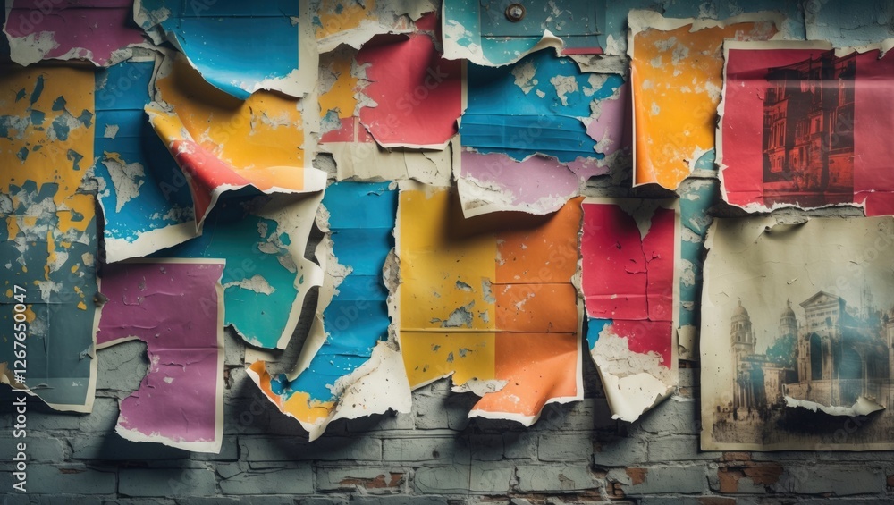 Poster torn colorful posters on a grunge wall creating an abstract and artistic background ideal for creati