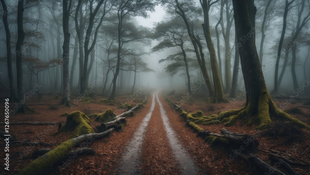 Poster mysterious path through foggy deciduous forest capturing nature's beauty and serene atmosphere in a 