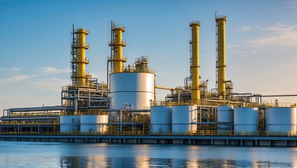 Industrial facility with large storage tanks and tall smokestacks reflecting in calm water at sunrise