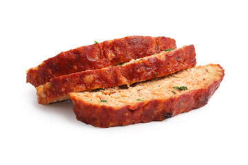 Slices of Delicious baked turkey meatloaf isolated on white
