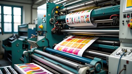 Industrial printing machinery operating with vibrant color prints emerging, showcasing the dynamic process of print production in a workshop