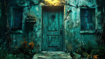 An eerie abandoned house with a weathered teal door and overgrown vegetation, illuminated by a single lantern - Powered by Adobe
