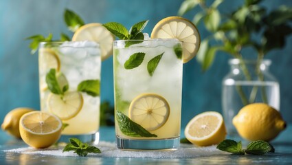 Fototapeta premium Refreshing Lemonade Mojito with Fresh Mint and Lemon Slices in Glasses Against a Vibrant Blue Background with Lemons and Mint Sprigs.