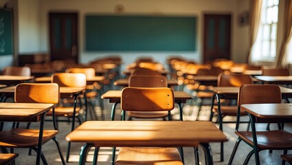 Interior of an empty classroom with wooden desks and warm sunlight casting shadows, creating a serene atmosphere