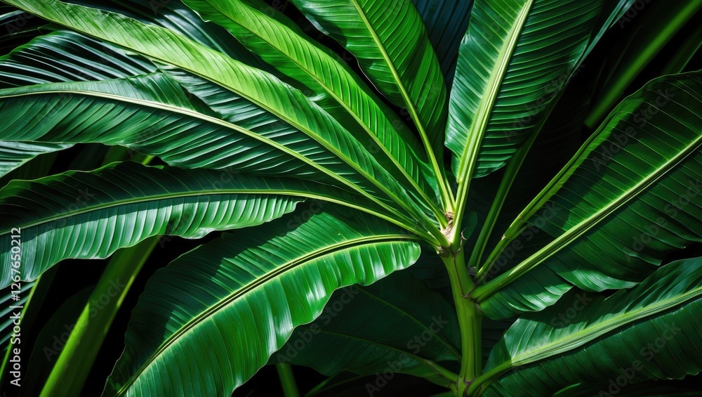 Aufkleber textured green leaves of banana palm creating a vibrant nature background with abstract lines and sh