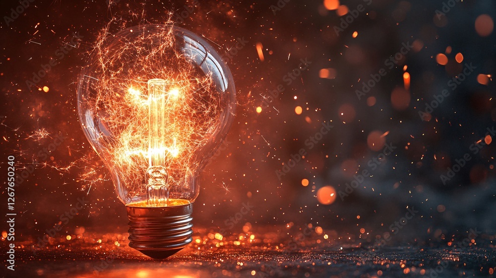 Poster a glowing light bulb emits sparks, creating a vibrant and dynamic display against a dark background,