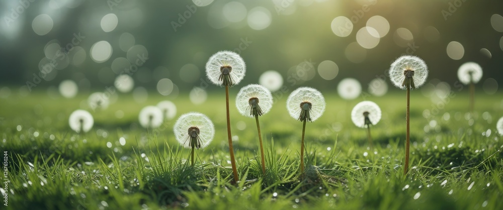 Poster dandelion seeds on lush green grass with soft bokeh background and space for text in sunny outdoor s