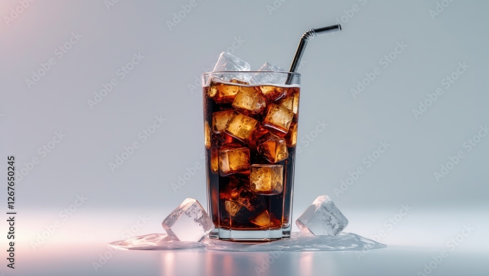 Poster refreshing cola drink in a glass with ice cubes and straw isolated on light background