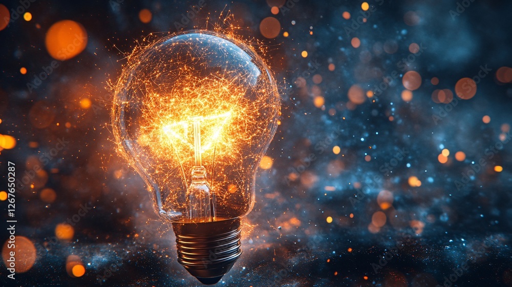 Aufkleber a glowing light bulb surrounded by sparkling particles, creating a vibrant and dynamic atmosphere, s