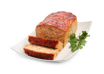 Delicious baked turkey meatloaf with parsley isolated on white