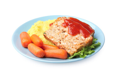 Delicious baked turkey meatloaf, mashed potato, carrots and ketchup isolated on white