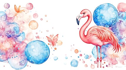 A chibi flamingo standing on one leg, surrounded by watercolor splashes of pink and blue, isolated on a dreamy background