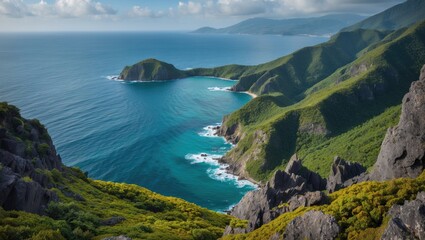 Fototapeta premium Breathtaking Aerial View of Lush Green Coastline with Turquoise Waters and Scenic Island Landscape