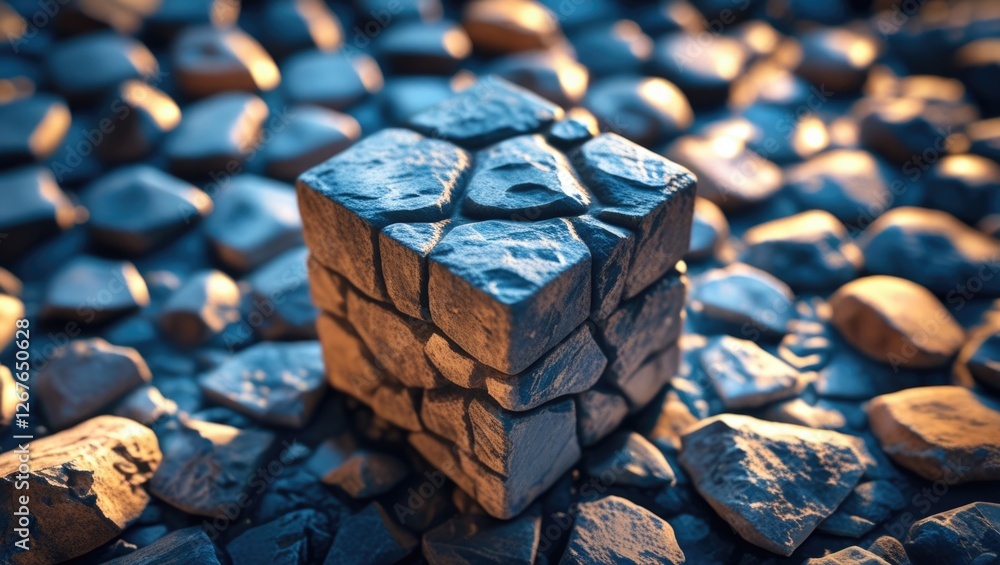 Poster stone textured cube on rocky surface illuminated by soft light showcasing natural patterns and shado