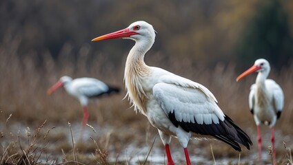 European White Storks foraging in a natural habitat showcasing their distinct features and social behavior during the early morning light.