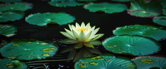 Serene Water Scene with a White Lotus Blooming Amidst Vibrant Green Lily Pads and Dark Reflective Water Surface