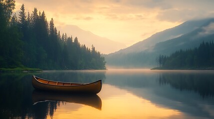 Obraz premium Sunrise canoe on calm mountain lake