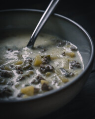 Würzige Hackfleisch-Lauch-Suppe mit Kartoffeln auf einem Teller – Deftige Hausmannskost