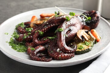 Roasted octopus with vegetables and mushrooms on table, closeup