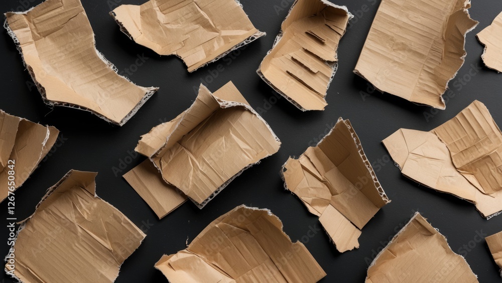 Poster scattered torn cardboard pieces on a black background with ample copy space for design and text appl