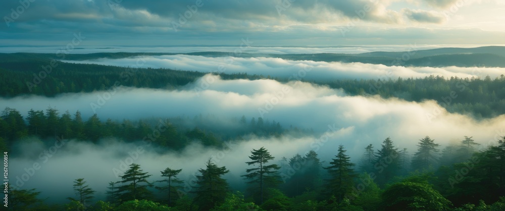 Poster misty clouds over lush forests in coastal region atmospheric landscape with ample space for text and