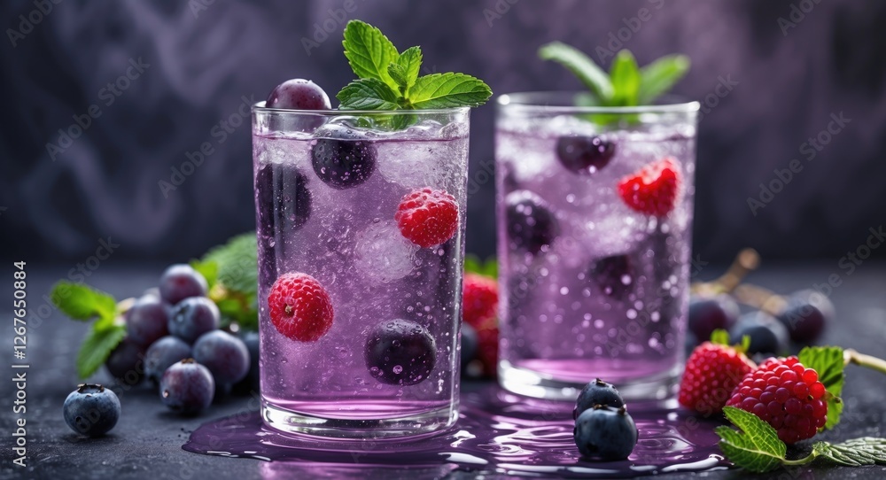 Poster refreshing grape soda with mint and berries in glasses surrounded by fresh fruit and copy space for 
