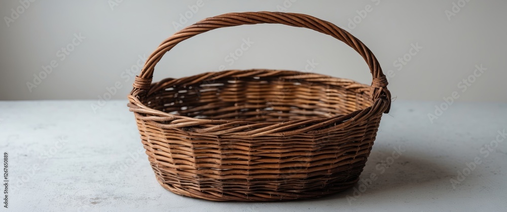 Poster empty wicker basket on neutral background ideal for text placement and creative display