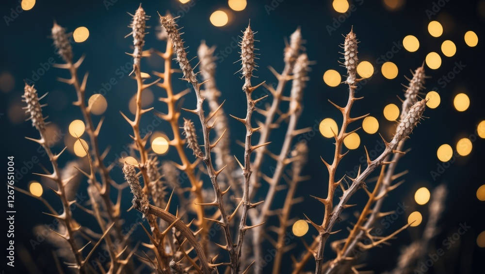 Aufkleber dried thorny plants with a blurred dark background featuring soft bokeh lights creating a striking v